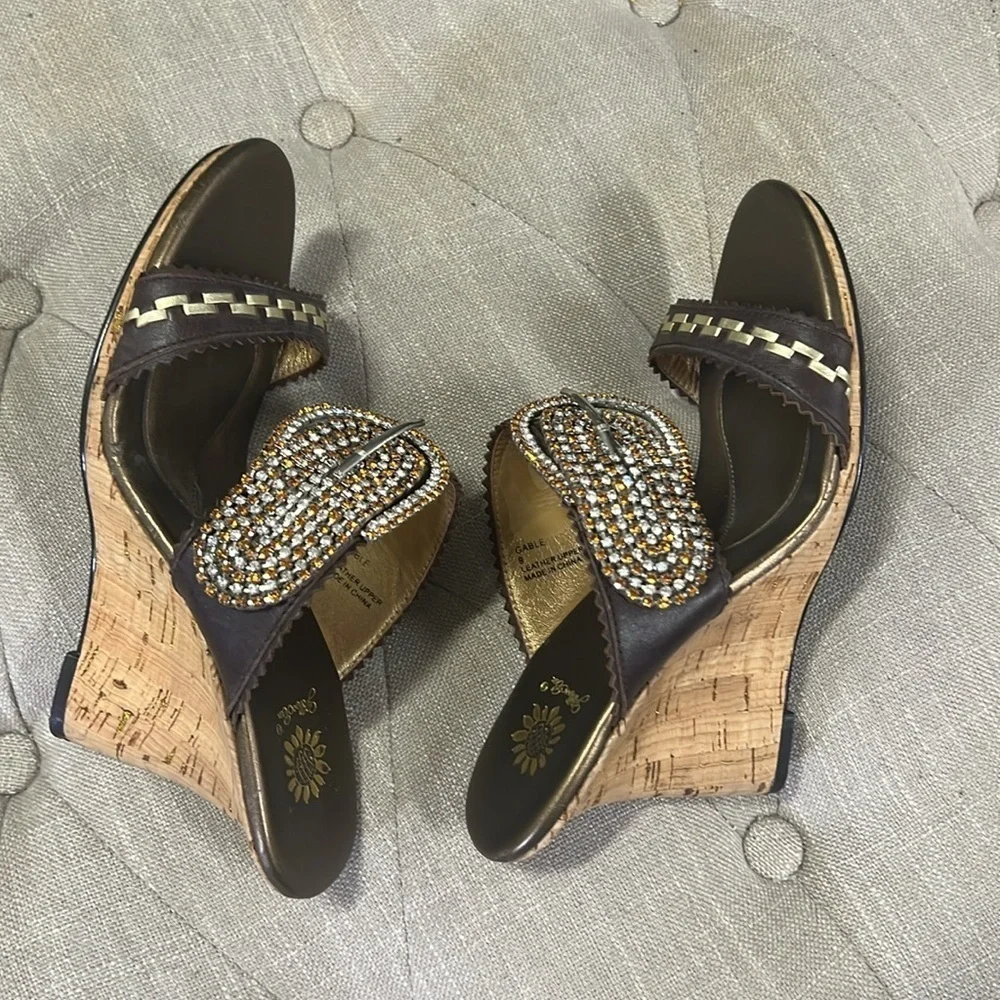Yellow Box Gable Buckle Rhinestone Embellished Leather Cork Wedge size 9